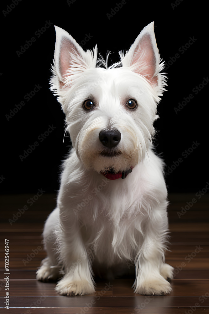 Portrait of terrier dog sitting on a wooden floor and black background. Volumetric studio lighting. Portrait of terrier dog sitting on a wooden floor and black background. Volumetric studio lighting.