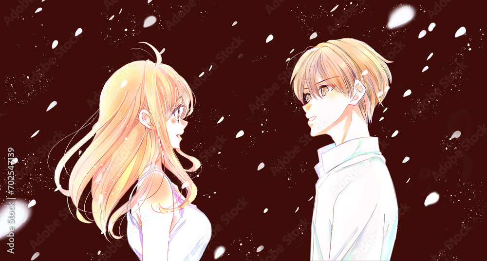 向かい合う男女　花吹雪　夏