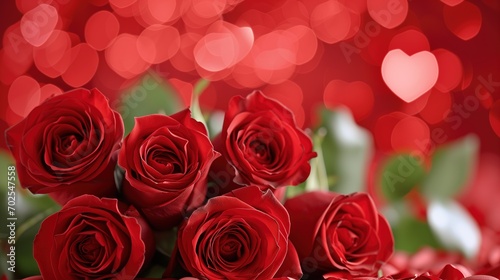 Beautiful red roses on red bokeh background
