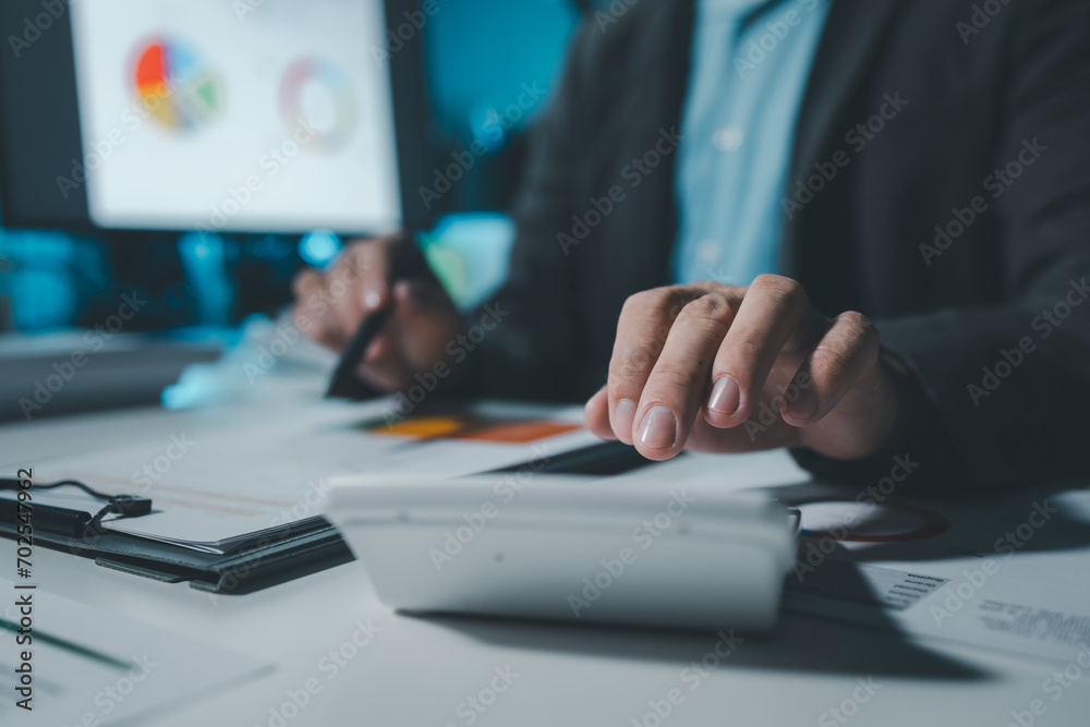 They are having a meeting about the company's income and expenses, team of analyst working on financial data analysis dashboard on paper as marketing indication for business strategic planning. - obrazy, fototapety, plakaty 