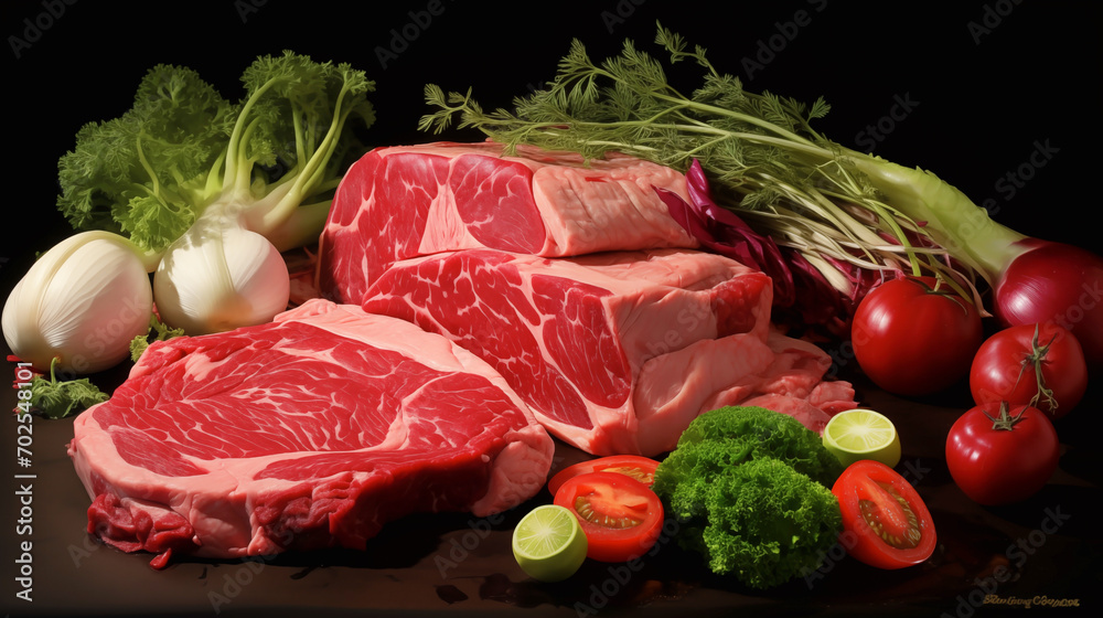 Raw Beef and Fresh Vegetables : Variety of vegetables and fresh meat cut up
Raw Beef and Fresh Vegetables : Variety of vegetables and fresh meat cut up