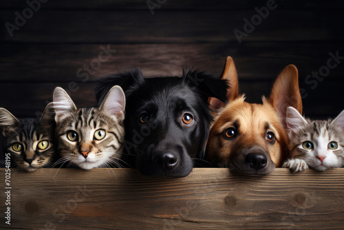 Dogs and cats peek over web banner together. AI Generative creates a cute pet group portrait with paw signs.