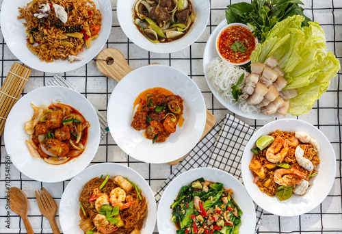 variety of Thai food Including menu Miang, crispy pork, steamed shrimp with vermicelli photo