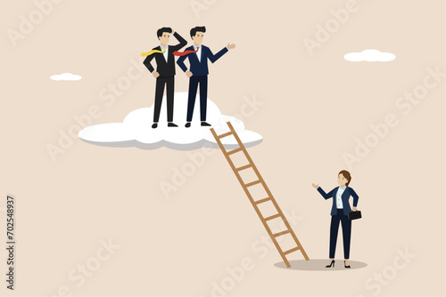 Gender gap, male domination in company executive board, unequal or unfair, businessmen climb up ladder up the cloud with no space left for woman female colleagues.