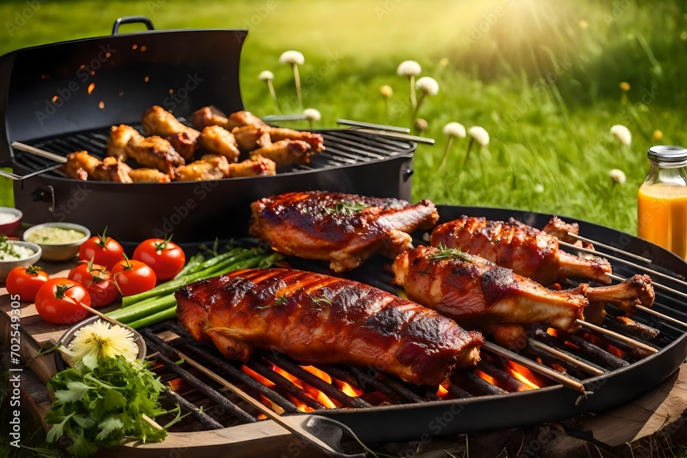 A portable barbecue grills spicy spare ribs, a variety of vegetables, and chicken drumsticks outside in a spring meadow dotted with dandelions