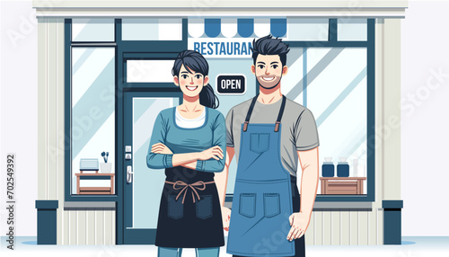 small business owner couple cafe restaurant entrepreneur coffee shop eatery illustration