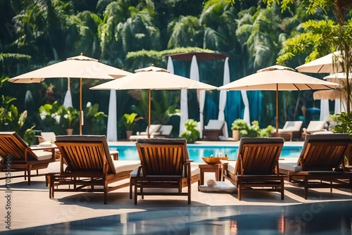 Blur focus of Lounge chairs and umbrellas for scenery or watch a sun deck beside pool at hotel or villa
