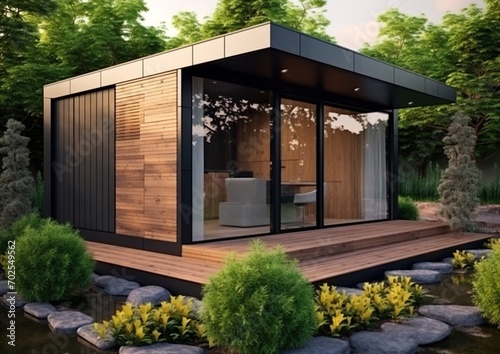 Modern Prefab ADU with Large Glass Windows and Wood Exterior photo