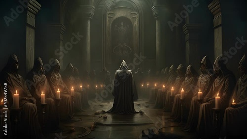 A group of robed figures in a dark room illuminated by nothing but a single candle chanting in an ancient and forgotten language.