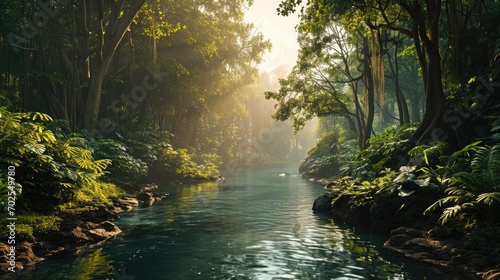 There is a river running through a forest with trees and rocks