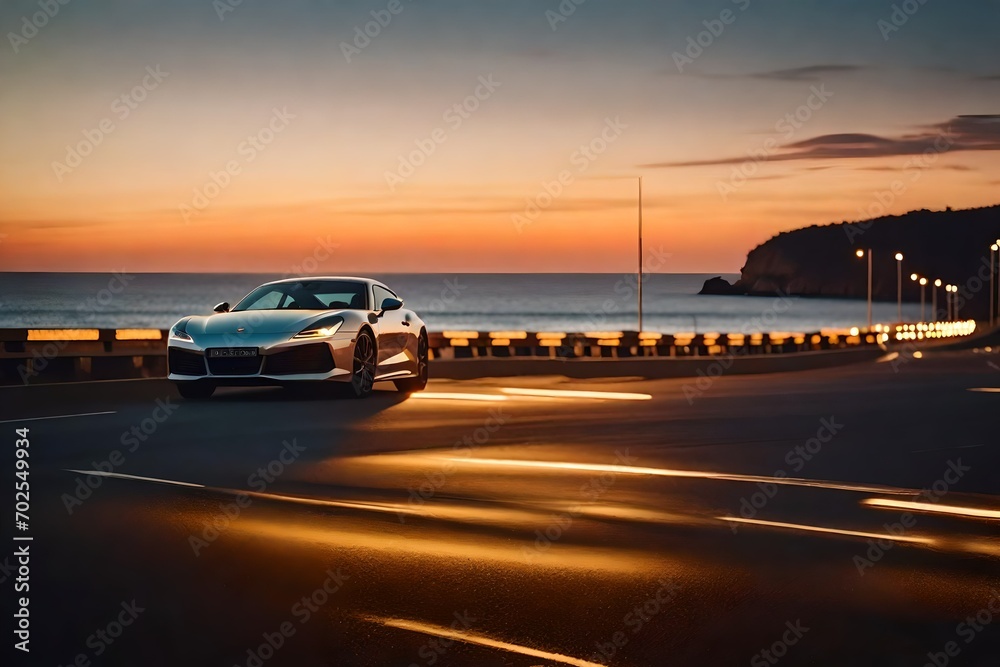 Car lights on the sea and highway. Car lights on the coastal road show the speed in traffic. Fast car lights on the road passing