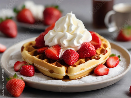 Free photo waffles breakfast with strawberries and cream. AI generative image.