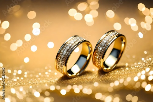 Designer wedding rings on a background of glittering particles in the corner