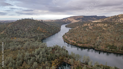 Drone photos over beautiful landscape in Oroville, California with clouds, rivers, roads and more photo