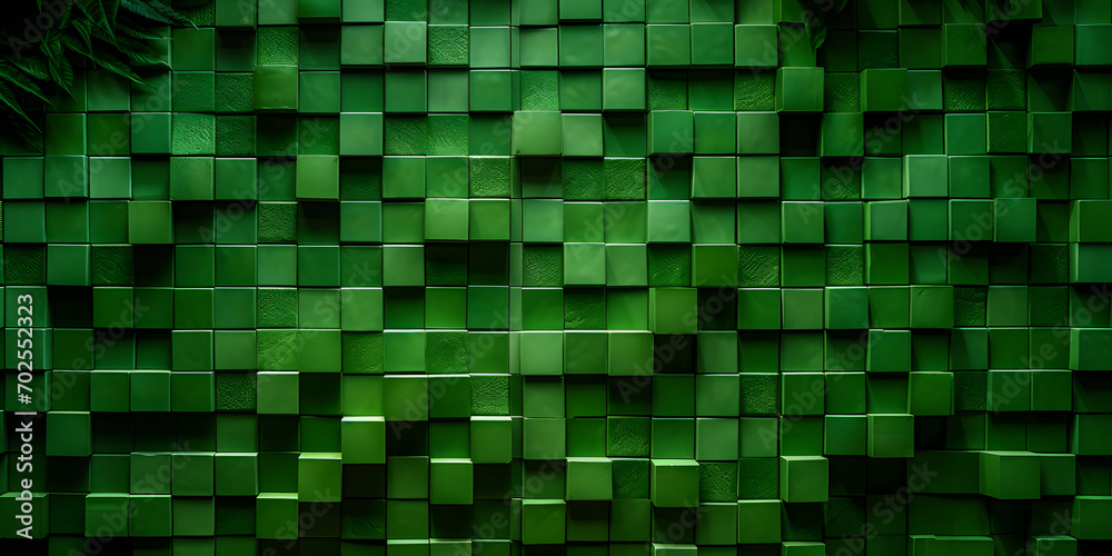A green wall made of green blocks. The blocks are arranged in a way that creates a pattern A green wall made of green blocks. The blocks are arranged in a way that creates a pattern