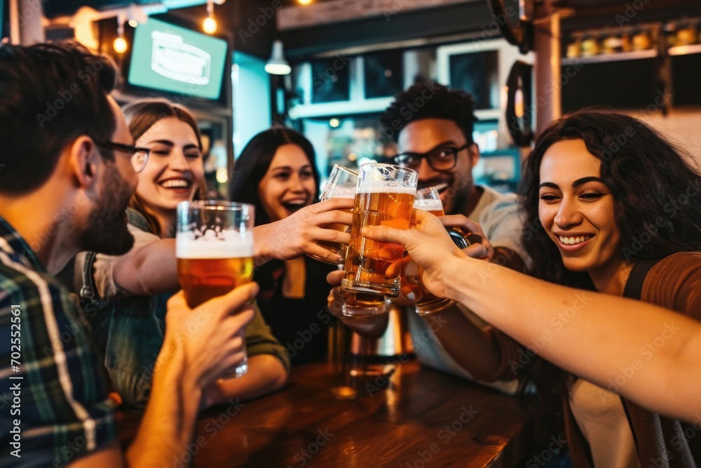 group of people cheering and drinking beer at bar pub table -Happy young friends enjoying happy hour at brewery restaurant-Youth culture-Life style food and beverage - obrazy, fototapety, plakaty 