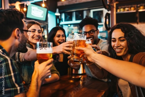 group of people cheering and drinking beer at bar pub table -Happy young friends enjoying happy hour at brewery restaurant-Youth culture-Life style food and beverage photo