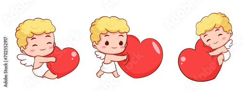 Set cute Adorable Cupid cartoon character. Amur babies, little angels or god eros. Valentines day concept design. Adorable angel in love. Kawaii chibi vector character. Isolated white background.