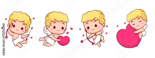 Set cute Adorable Cupid cartoon character. Amur babies, little angels or god eros. Valentines day concept design. Adorable angel in love. Kawaii chibi vector character. Isolated white background.