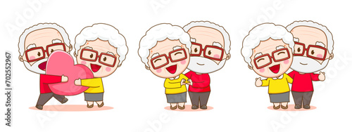 Set collection of cute couple grandparents. Grandpa and grandma cartoon character. Happy old couple. Chibi vector style. Isolated white background