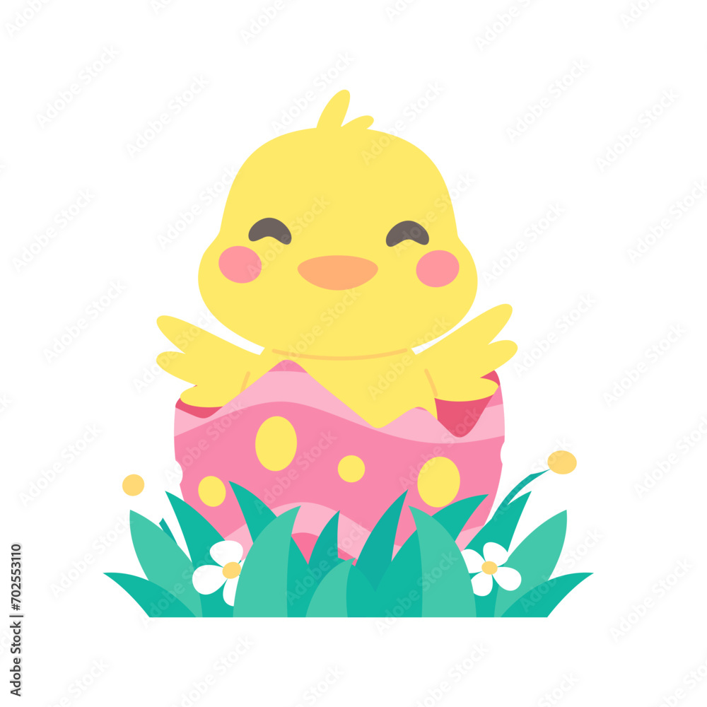 Cartoon chick with Easter eggs in the grass and Easter egg search activity with children.