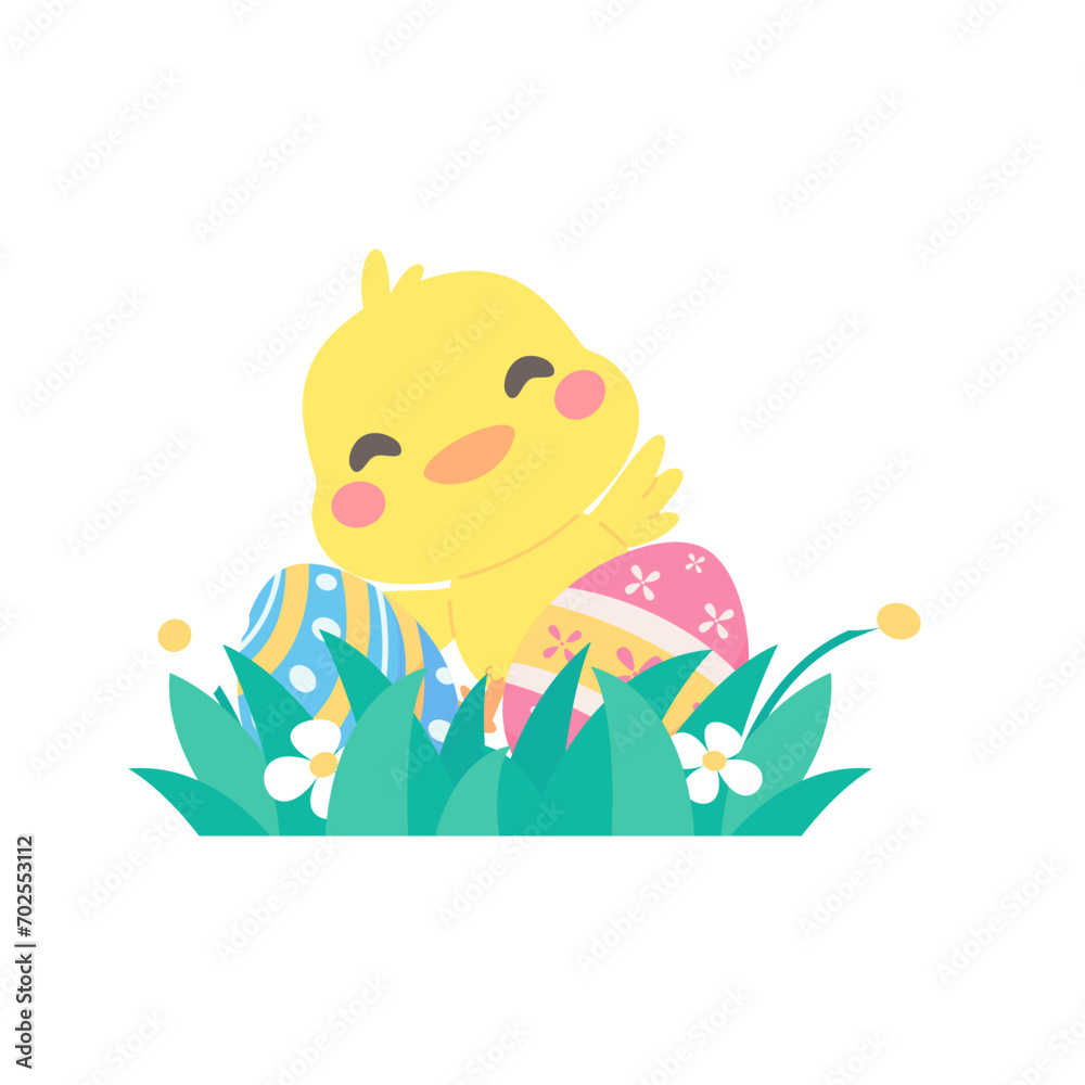 Cartoon chick with Easter eggs in the grass and Easter egg search activity with children.