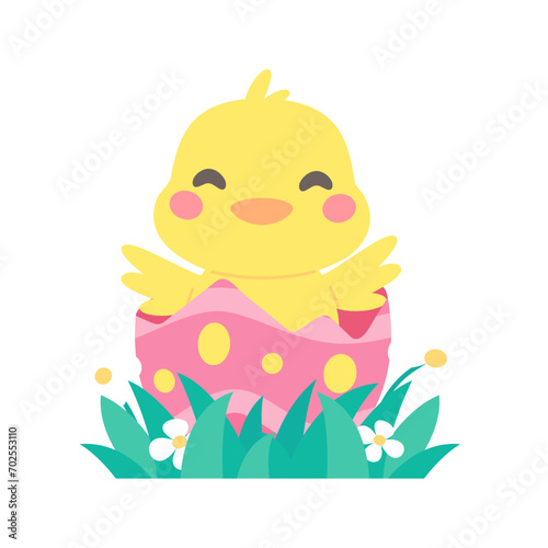 Cartoon chick with Easter eggs in the grass and Easter egg search activity with children.