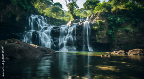 A waterfall is flowing into a lake surrounded by trees. The water is calm and clear  and the trees are lush and green. Peaceful and serene  and it evokes a sense of tranquility