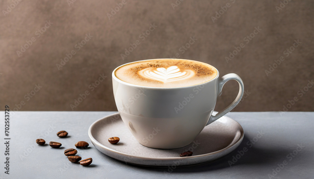 Obraz premium Cup of cappuccino on the table, gray and brown background