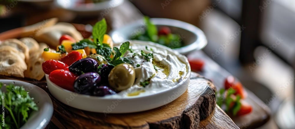 Labneh Yogurt cheese with Olives and vegetables in Lebanese cuisine.