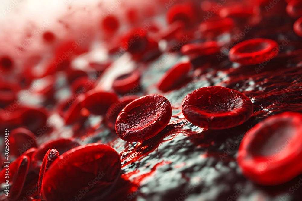 3d rendering of red blood cells in vein with depth of field, A 3D ...