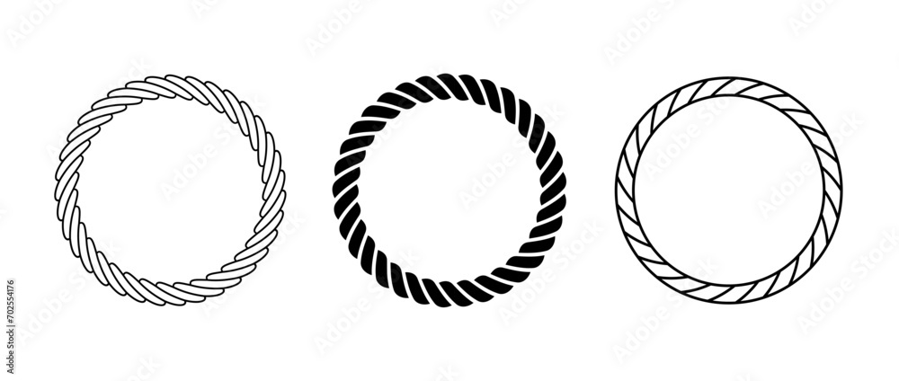 Rope frame set. Round cord border collection. Circle rope wreath loop pack. Chain, braid, plait border bundle. Circular design elements for decoration, banner, poster. Vector decorative frames - obrazy, fototapety, plakaty 