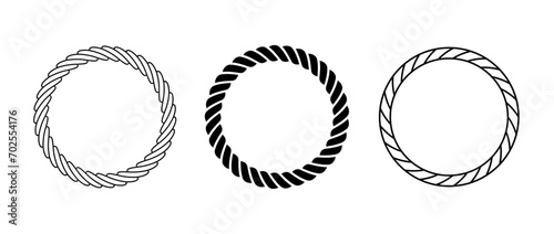 Rope frame set. Round cord border collection. Circle rope wreath loop pack. Chain, braid, plait border bundle. Circular design elements for decoration, banner, poster. Vector decorative frames