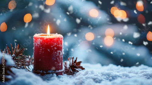 Advent candle on snow, Winter background, Ai Generate 