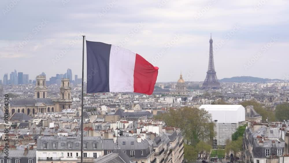 French Flag Floating In the Wind Over Paris Skyline, Main Monument adn Rooftop - Slow Motion