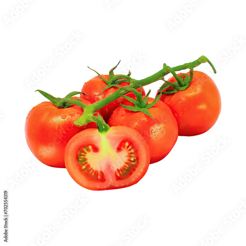 Floating Of Tomatos With A Green Stem, Isolated Transparent Background