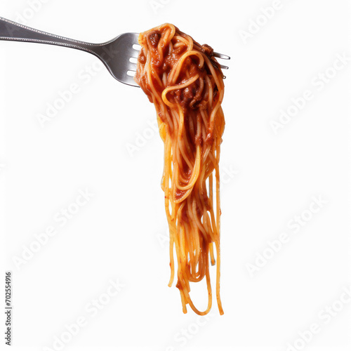 Spaghetti with sauce bolognese hanging on a fork isolated on transparent or white background