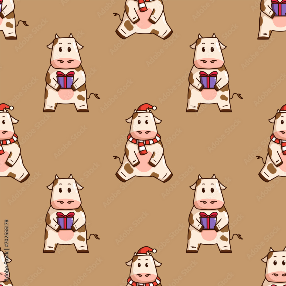 Naklejka premium cute cow seamless pattern on brown background