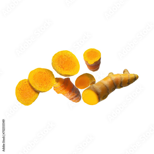 Floating Of Yellow And Orange Turmeric With Sliced, Isolated Transparent Background