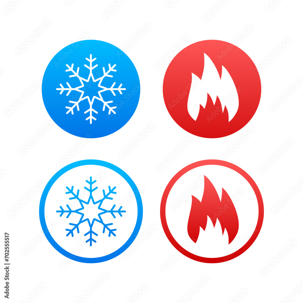 Cold and Heat Icons Set, Vector Illustration of Snowflake and Fire Symbols in Blue and Red, Climate and Temperature Concept Cold and Heat Icons Set, Vector Illustration of Snowflake and Fire Symbols in Blue and Red, Climate and Temperature Concept