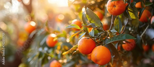 Ripe mandarin on tangerine tree in sunny Greek garden.