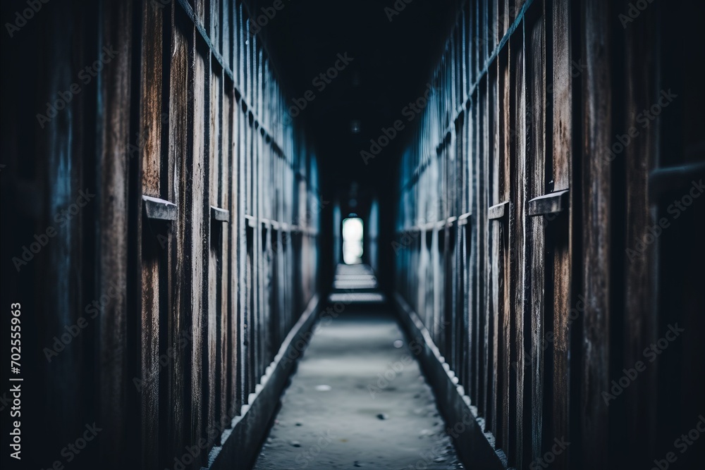 A hauntingly empty corridor stretches out, flanked by dark wooden walls. The narrow pathway, dimly lit with a distant, enigmatic source of light, evokes a sense of solitude and suspense. Perfect for