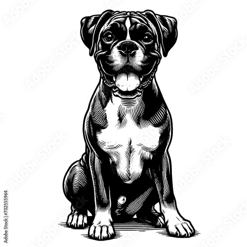 Full-length sitting Boxer portrait. Hand Drawn Pen and Ink. Vector Isolated on White. Engraving vintage style illustration for print, tattoo, t-shirt, coloring book