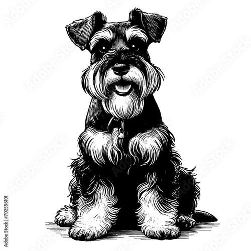 Full-length sitting Schnauzer portrait. Hand Drawn Pen and Ink. Vector Isolated on White. Engraving vintage style illustration for print, tattoo, t-shirt, coloring book