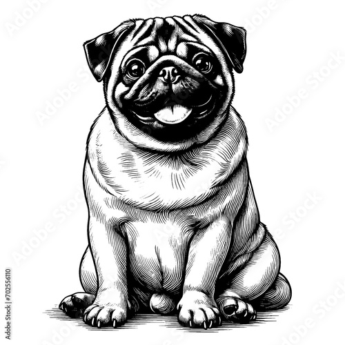 Full-length sitting Pug portrait. Hand Drawn Pen and Ink. Vector Isolated on White. Engraving vintage style illustration for print, tattoo, t-shirt, coloring book