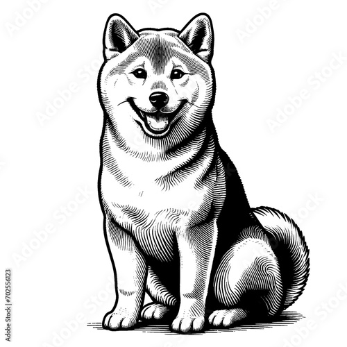 Full-length sitting Shiba Inu portrait. Hand Drawn Pen and Ink. Vector Isolated on White. Engraving vintage style illustration for print, tattoo, t-shirt, coloring book