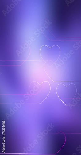 Beautiful loop hearts drawing motion on violet blurred vertical background.