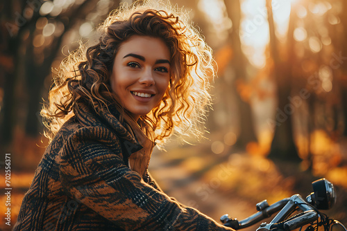  Young pensive dreamful happy woman 20s wearing casual green jacket jeans riding bicycle bike on sidewalk in city spring park outdoors, look aside People active urban healthy lifestyle cycling concept photo