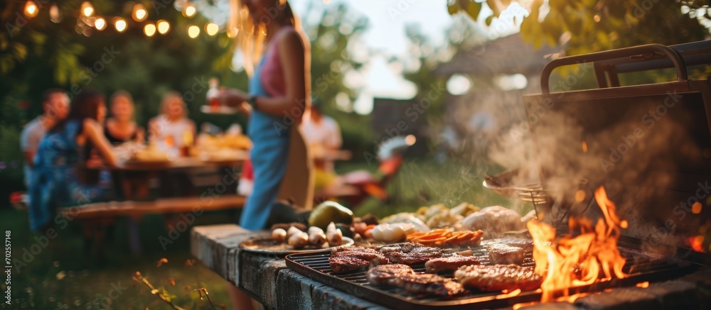 Unknown woman cooking food on grill for outdoor party. Happy men grilling dinner in backyard.
