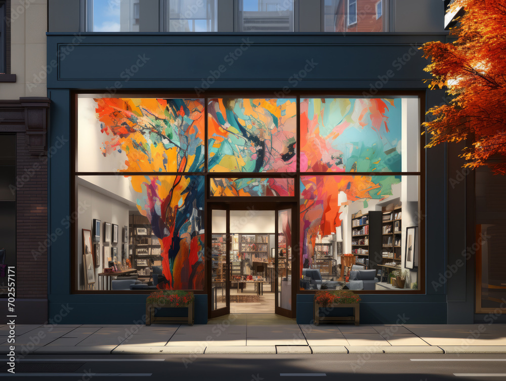 Fototapeta premium Vibrant art gallery front with colorful abstract window display. Contemporary aesthetic. Generative AI